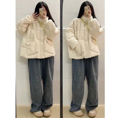 女短款ins保暖服棉袄宽松冬季牛仔衣外套i7 羽绒棉服女秋冬季夹棉轻薄小棉袄韩版宽松保暖大口袋-运动羽绒服