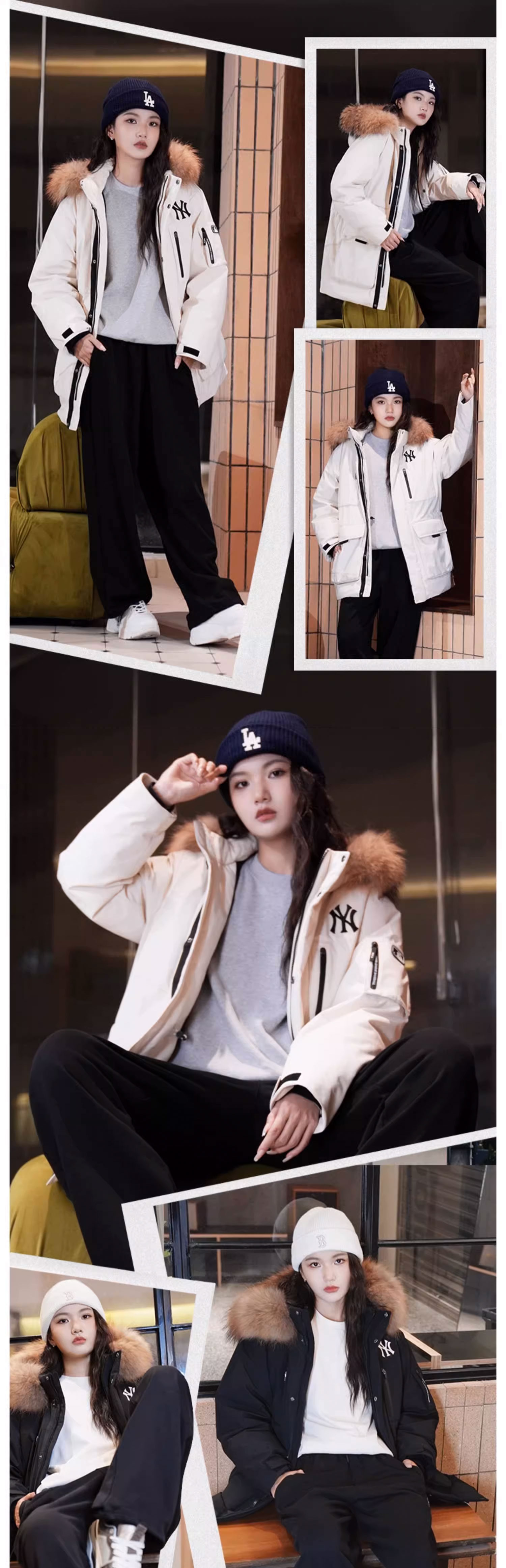 韩国MLB 男女张凌赫同款加厚鹅绒工装风毛领羽绒服24冬季新款